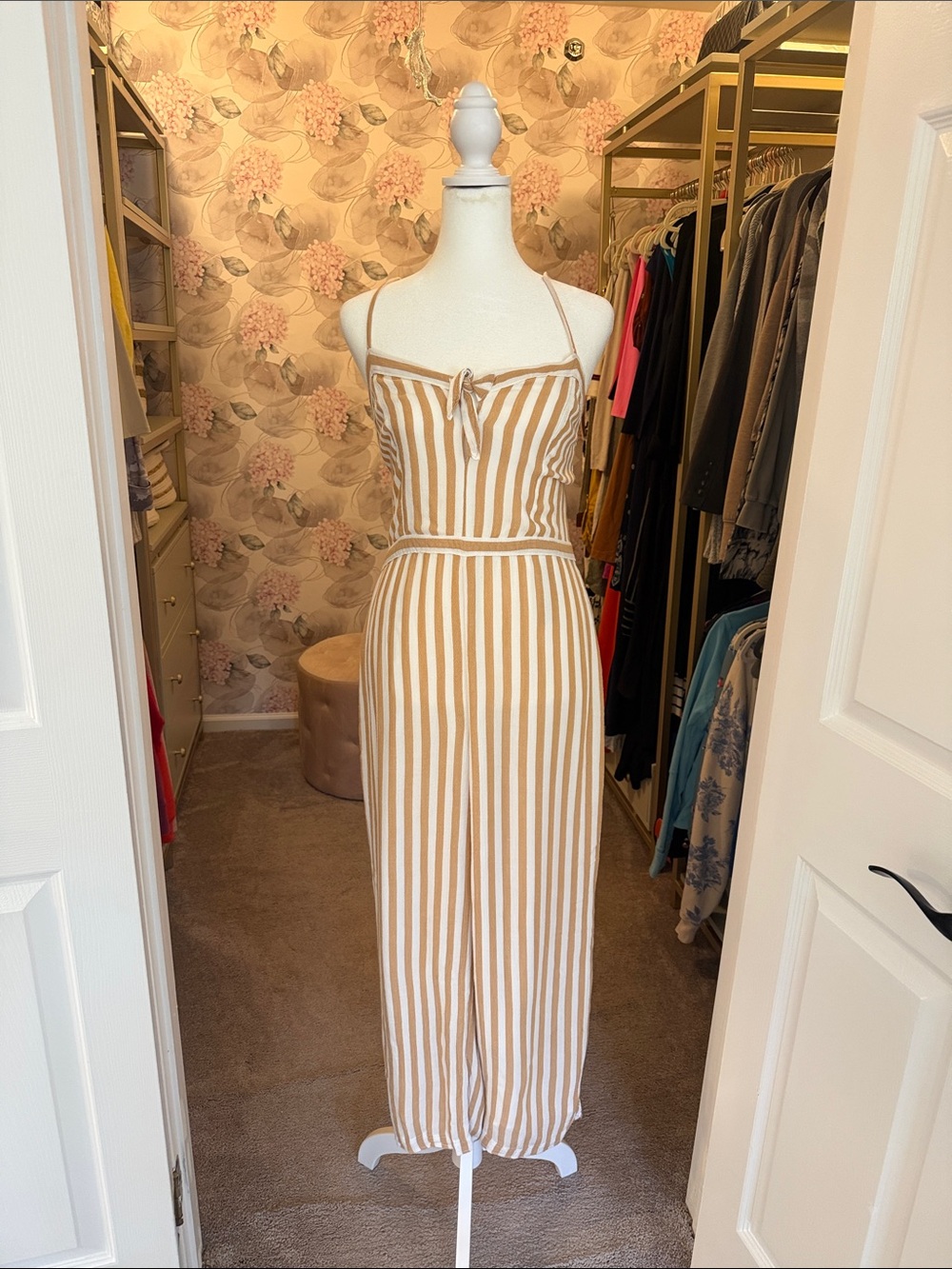 Abercrombie & Fitch Cream and Tan Striped Jumpsuit